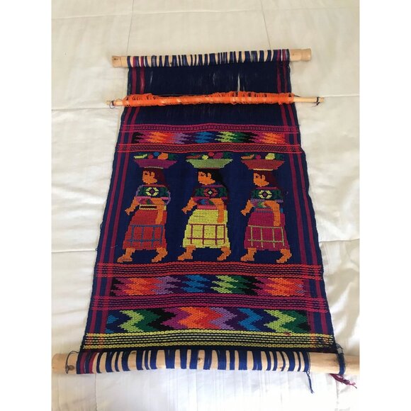 Vtg 1971 Hand Woven Guatemala Textile Art Hung On Sugar Cane 3 Women Multi Color - Picture 2 of 10